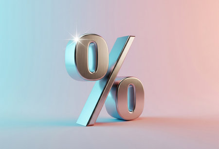 a shiny percentage symbol with a light flare on a gradient background imageの写真素材