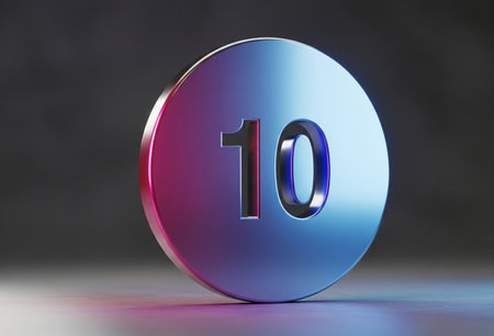a shiny metallic coin with the number ten cut out against a dark backdrop surface