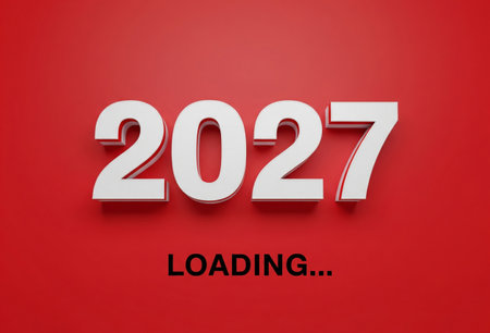 a digital rendering of the year twenty twenty seven loading on a red backdropの写真素材