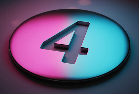 a cutout number four on a round disc with a gradient of pink and blue lighting
