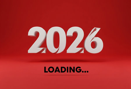 a white year number two thousand and twenty six with loading text on red backgroundの写真素材