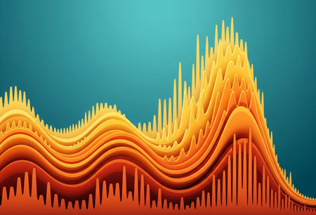 an abstract orange and yellow layered wave pattern against a blue background art piece