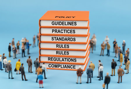 a stack of books with policy words and miniature people on a blue background scene