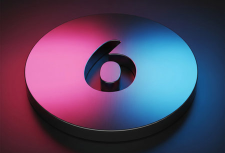 a metal number six with pink and blue lighting on a dark and smooth background