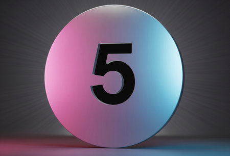 a black number five on a round white surface with pink and blue gradient lighting