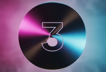 a reflective disc with a number on it, surrounded by pink and blue light.の写真素材