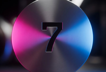 a metallic circle with the number seven cutout, lit with pink and blue gradient light