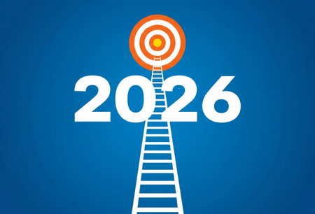 a ladder leads to a target above the year twenty twenty six on a blue background