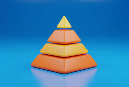 a vibrant pyramid made of orange and yellow blocks against a blue background sceneの写真素材