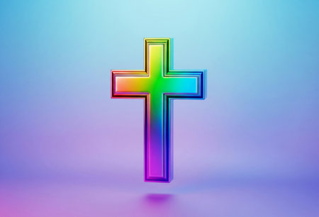 a vibrant, iridescent cross with chrome edges stands against a gradient backdrop.の写真素材