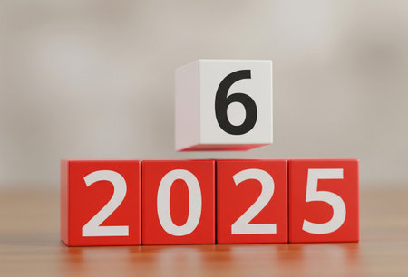 red blocks display year two thousand twenty five with a white block number six