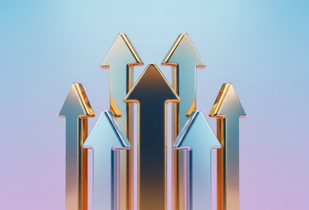 a close up view of metallic arrows pointing upwards on a gradient backgroundの写真素材