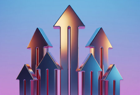 a studio shot of metallic arrows pointing upwards against a gradient backgroundの写真素材