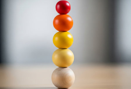 a close up of a stack of five colorful wooden balls balancing on a light surfaceの写真素材