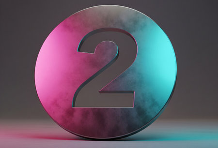 a metallic number two inside a circle with pink and blue gradient lighting.