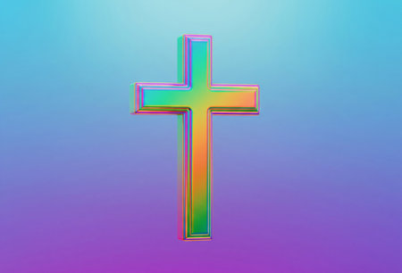 a vibrant iridescent cross stands out against a soft blue and purple gradient sceneの写真素材