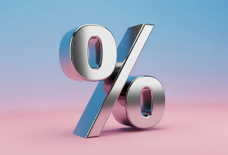 a chrome percentage sign stands out against a gradient pink and blue background