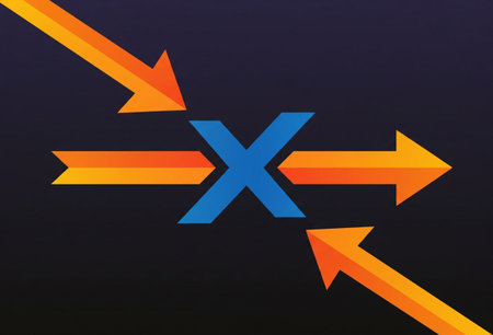 a blue x shape with orange arrows pointing towards the center on dark backgroundの写真素材
