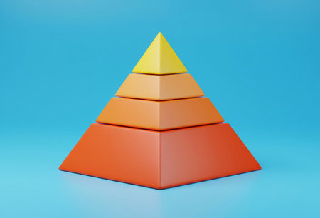 a vibrant layered pyramid with orange, yellow, and light orange on a blue backdropの写真素材
