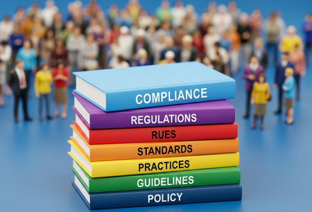 a stack of colorful books with compliance and regulations in front of people crowd