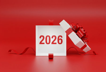 3D illustration of a white gift box with a red ribbon and the number 2026の写真素材
