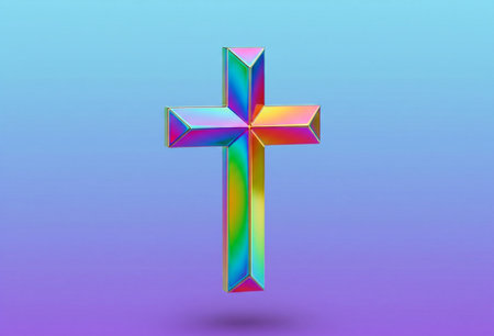 Colorful christian cross on a blue background. 3d renderingの写真素材