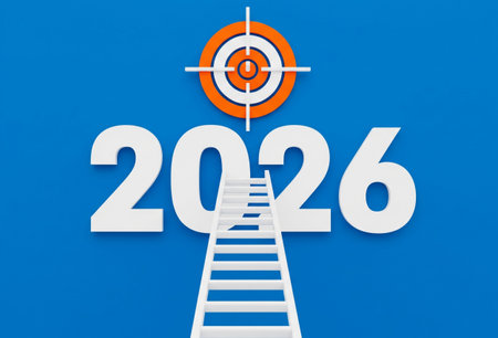 Highly rendering of new year with ladder and target on blue backgroundの写真素材