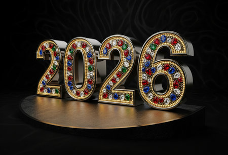a shiny 2026 with gemstones and gold for a happy new year celebration