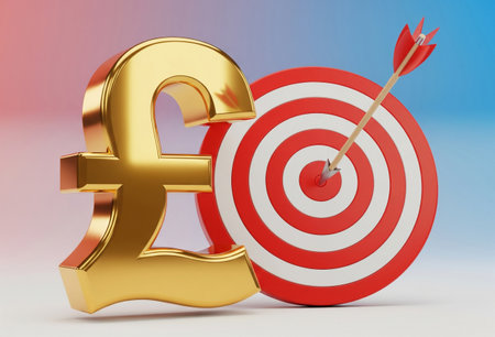 a golden pound symbol next to a target with an arrow hitting the bullseye