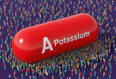 a red potassium pill stands above a crowd of people in a conceptual imageの写真素材