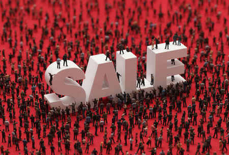 a sale event with miniature people figures on big sale text on red background