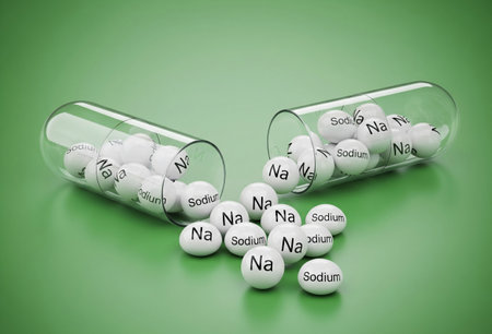 a clear capsule with white sodium pills on a green surface for health use