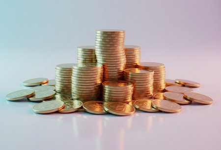 Golden coins on white background, business and financial growth concept idea.の写真素材