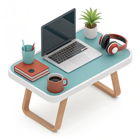 Workplace with laptop, headphones and coffee cup on a white background