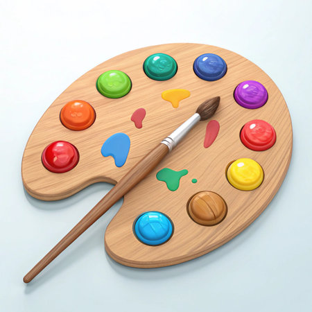 Wooden art palette with paints and brush isolated on white background. 3d render
