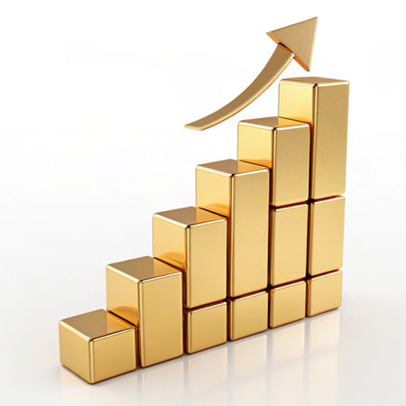 Gold bar graph with arrow on white background. 3d illustration.の写真素材
