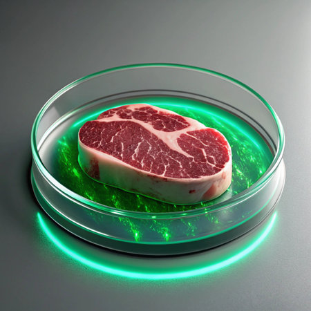Beef steak in petri dish with green neon light, 3d illustrationの写真素材