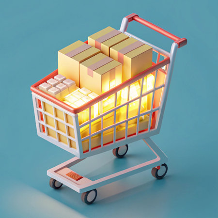 Shopping cart with boxes on blue background. 3D illustration.の写真素材