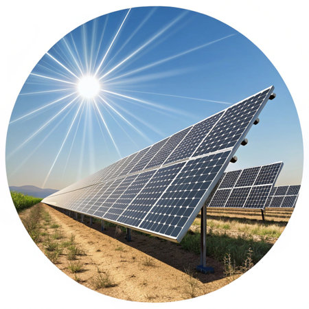 solar energy panels in the field with sun and blue sky background