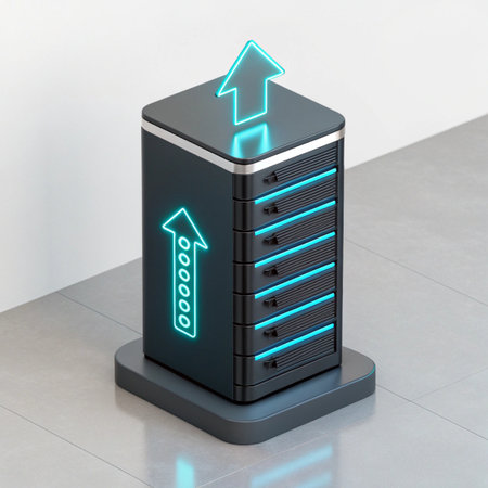 3d rendering of server with blue neon arrow sign on white background