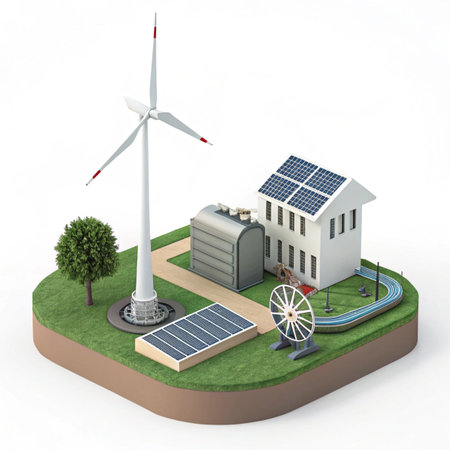 Solar panels, wind turbines, solar cells and windmill on white backgroundの写真素材