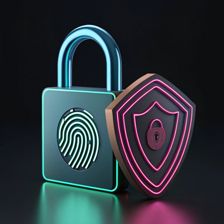Padlock with fingerprint and shield icon on black background. 3d illustration