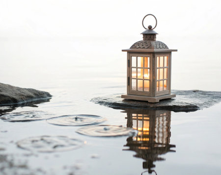 a lantern glows on a rock, its reflection dances in the water's gentle embraceの写真素材