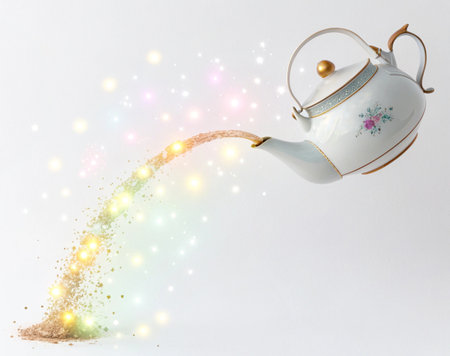 a teapot pouring a sparkling liquid with light effects on a white background sceneの写真素材