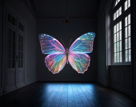 a large colorful butterfly in a dark room with a window and white door framesの写真素材