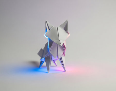 a white origami fox stands on a white surface illuminated by blue and pink lightの写真素材