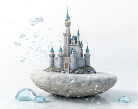 a magical castle sits atop a floating rock surrounded by ice shards and sparkles.の写真素材