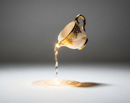 a tilted ornate teacup pouring liquid onto a white surface in a studio shotの写真素材