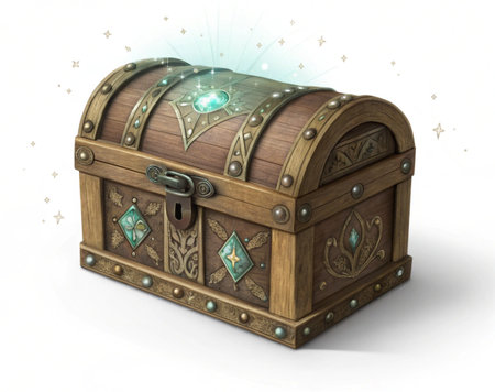 a wooden treasure chest with metal accents and a glowing gem on a white backgroundの写真素材