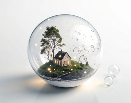 a charming miniature world encapsulated within a pristine glass snow globe designの写真素材